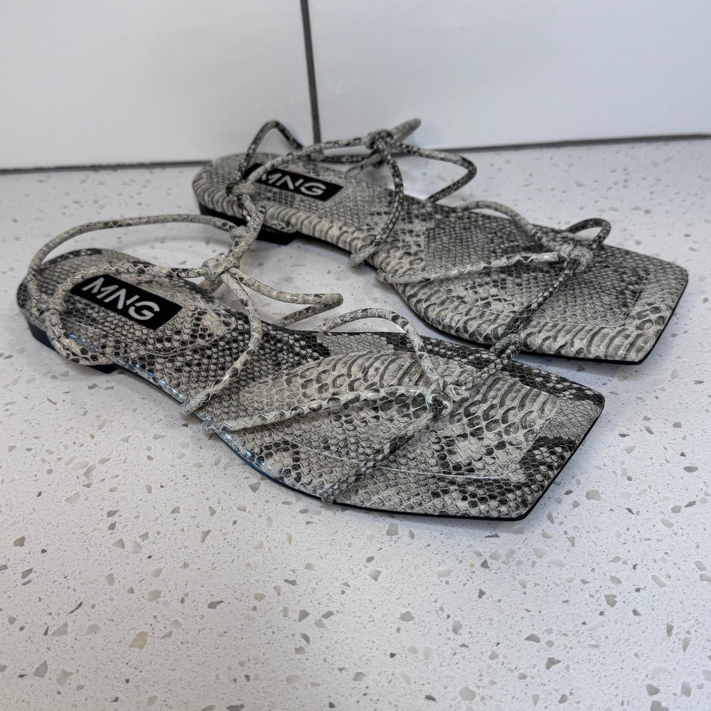 Mango MNG Snakeskin Print Strappy Flat Sandals Square Toe Grey Black Size 40 / 9